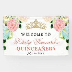 Roze & Mint Bloemen Welkom Quinceanera Spandoek