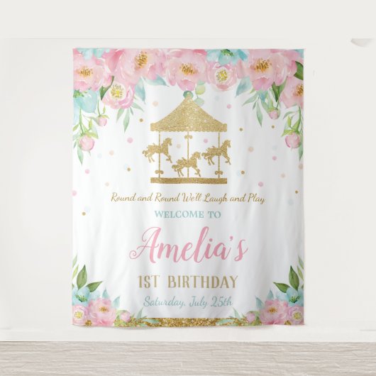 Roze Mint Bloemendans 1e Verjaardag Welkom Wandkleed (Voorkant)