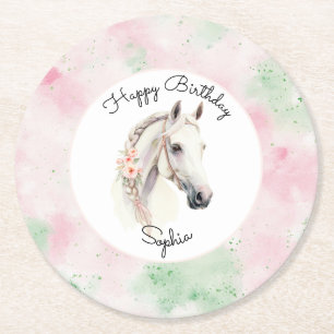 Roze Mint Bloemige Witte Paard Verjaardag Ronde Kartonnen Onderzetter