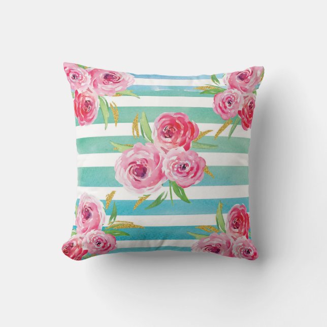 Roze, Mint en Gold floral Pillow. Kussen (Voorkant)