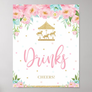 Roze Mint Floral Carousel Birthday Shower Drinken Poster