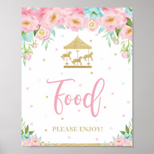 Roze Mint Floral Carousel Birthday Shower Poster