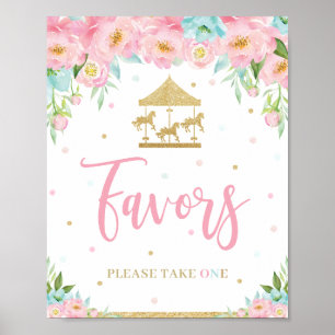 Roze Mint Floral Carrousel Birthday Shower Favors Poster