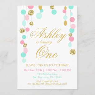 Roze Mint Gold Glitter Birthday - uitnodiging