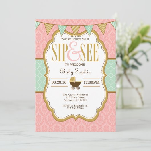 Roze Mint Gold Sip en zie uitnodiging (Staand voorkant)