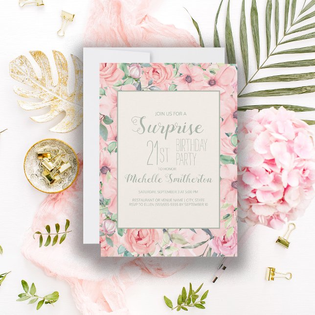 Roze Mint Green Waterverf Floral 21st Birthday (Soft blush pink floral 21st birthday party invitation)
