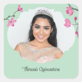 Roze, Mint Groene Kersenbloesem Quinceanera Foto Vierkante Sticker (Voorkant)