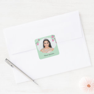 Roze, Mint Groene Kersenbloesem Quinceanera Foto Vierkante Sticker