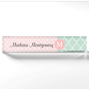 Roze mint Polka Dots Moroccan Monogrammen Naambordje
