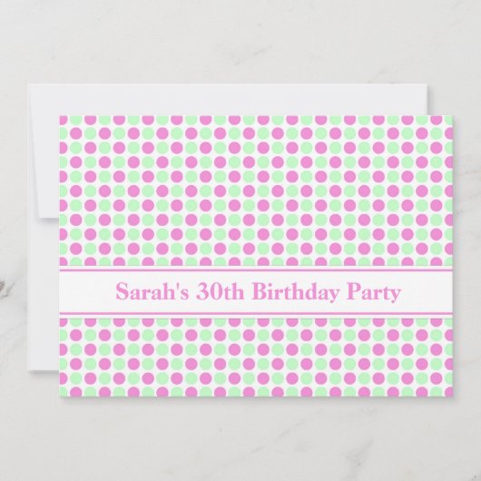 Roze Mint Stippen 30th Birthday Party Invitation Kaart (Voorkant)