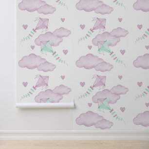Roze Mint vliegers Wolken Harten Baby Girl Nursery Behang
