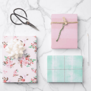 Roze & Mint Waterverf Bloemen en Subtiele Strepen Inpakpapier Vel
