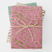 Roze Mint Wit Goud Faux Glitter Zebra Inpakpapier Vel (In situ)