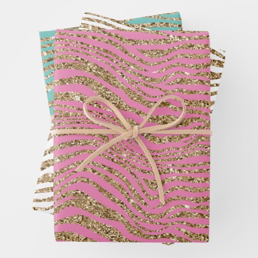 Roze Mint Wit Goud Faux Glitter Zebra Inpakpapier Vel (In situ)