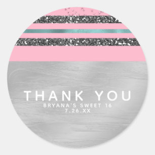 Roze Mintgroene en Zilver Glitter Sweet 16 Feestje Ronde Sticker