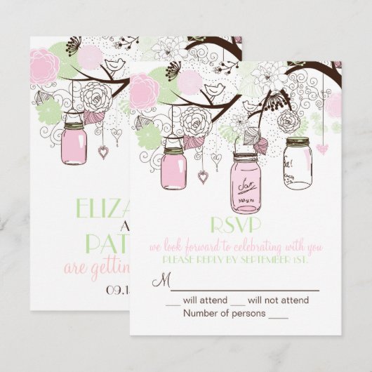 Roze Mintgroene Mason Potten RSVP Trouw Uitnodigin (Voorkant / Achterkant)