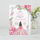 Roze Mis Quince 15 Anos Vlinder Zilveren Kroon Kaart (Staand voorkant)