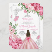 Roze Mis Quince 15 Anos Vlinder Zilveren Kroon Kaart (Voorkant / Achterkant)