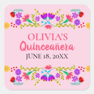 Roze Mis Quince Anos Mexicaanse Fiesta Floral Vierkante Sticker