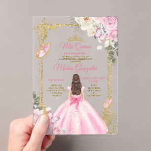 Roze Mis Quince Kroon Gouden Quinceañera Vlinder Acryl Uitnodigingen