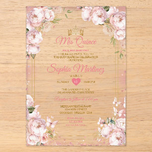 Roze Mis Quince Kroon Gouden Quinceañera Vlinder Acryl Uitnodigingen