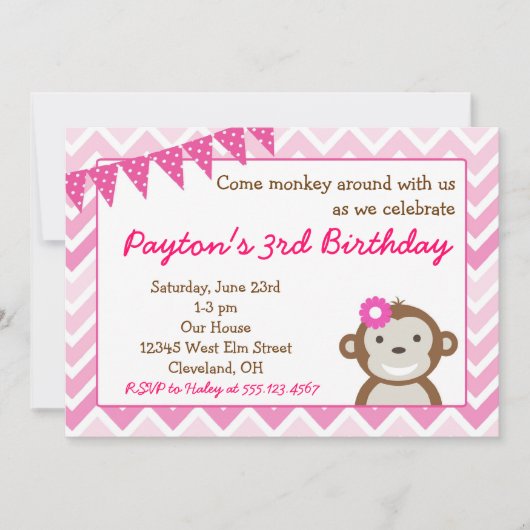 Roze Mod Monkey Birthday Party Invitation Kaart (Voorkant)