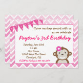 Roze Mod Monkey Birthday Party Invitation Kaart (Voorkant / Achterkant)