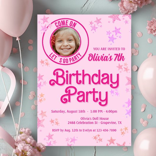 Roze Mode Doll Foto Verjaardagsfeestje Kaart