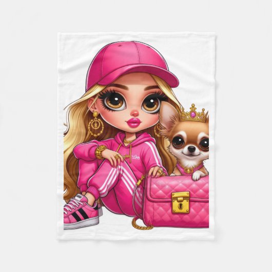 Roze modepop en puppy fleece deken (Voorkant)