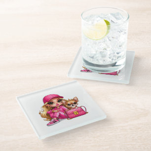 Roze modepop en puppy fleece deken glazen onderzetter