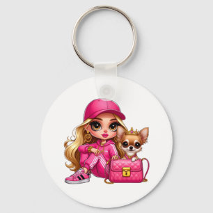 Roze modepop en puppy fleece deken sleutelhanger