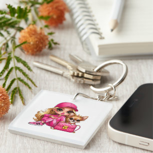 Roze modepop en puppy fleece deken sleutelhanger
