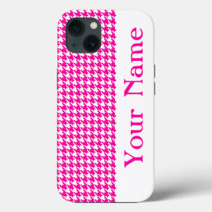 Roze Modern Houndstooth met naam iPhone 13 Hoesje