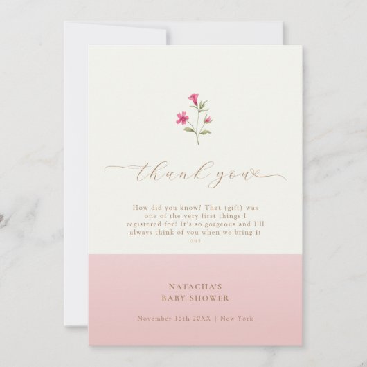 Roze Modern Minimal Boho Wildflower Baby shower Bedankkaart (Voorkant)