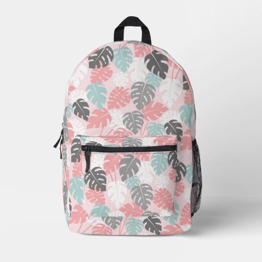  Roze Modern Monstera Tropical Pattern Meisjes Bedrukte Rugzak (Voorkant)