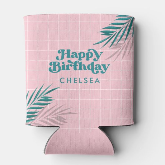 Roze Modern Pool Party Palm Leaves Verjaardag Blikjeskoeler (Achterkant)