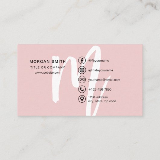 Roze Modern Script Girly Monogram Naam Visitekaartje (Achterkant)