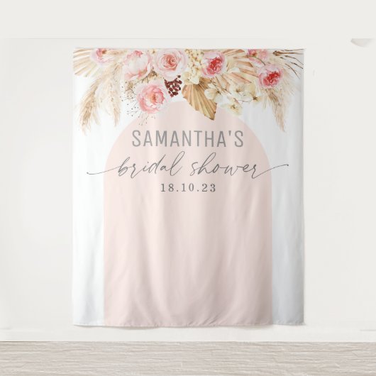 Roze Moderne boog boho pampas bloemachtergrond Wandkleed (Voorkant)