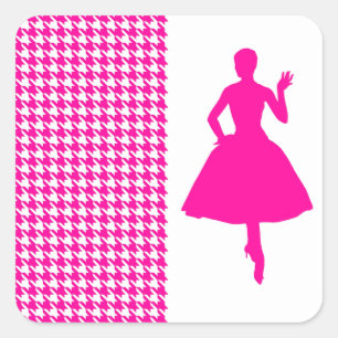 Roze Moderne Houndstooth met het Silhouet van de Vierkante Sticker