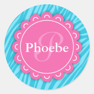 Roze moderne monogram Aqua Blue Zebra Afdrukken Ronde Sticker