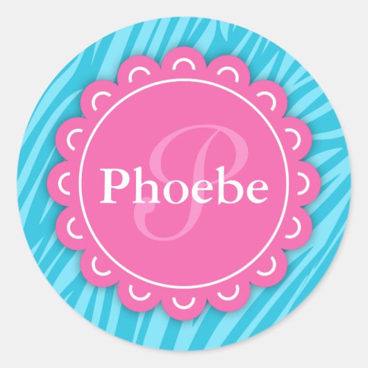 Roze moderne monogram Aqua Blue Zebra Afdrukken Ronde Sticker (Voorkant)