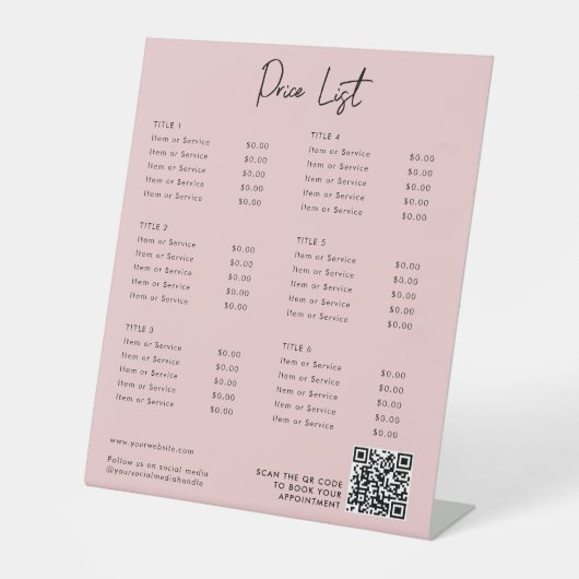 Roze Moderne Prijslijst Menu QR Code Social Media Reclamebord Met Voetstuk (Voorkant)