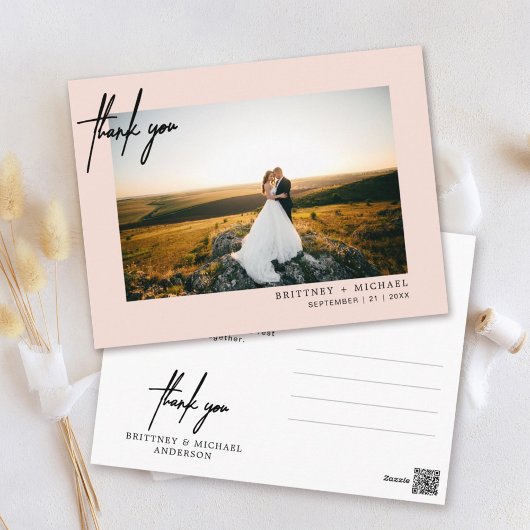 Roze moderne script foto bruiloft bedankt briefkaart