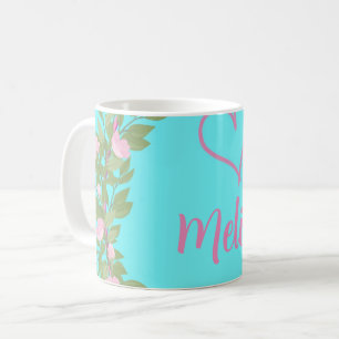 Roze moderne script meisjesachtige monogram naam koffiemok