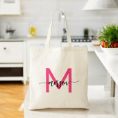 Roze moderne script meisjesnaam monogram tote bag
