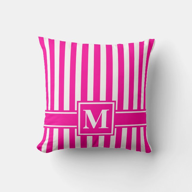 Roze moderne strip met monogram kussen (Voorkant)