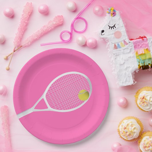 Roze moderne Tennis Ball White Racket Papieren Bordje (Feest)