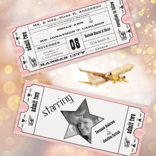 Roze  moderne typografie Ticket Wedding Kaart
