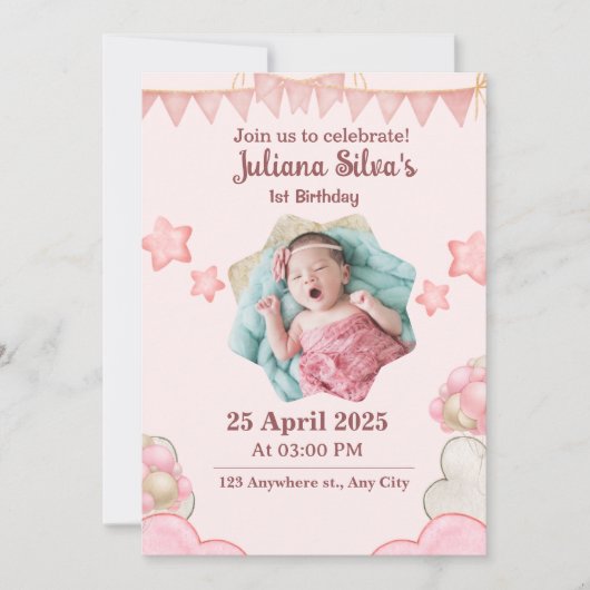 Roze moderne verjaardag Uitnodiging (Voorkant)