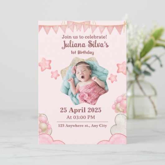 Roze moderne verjaardag Uitnodiging (Staand voorkant)